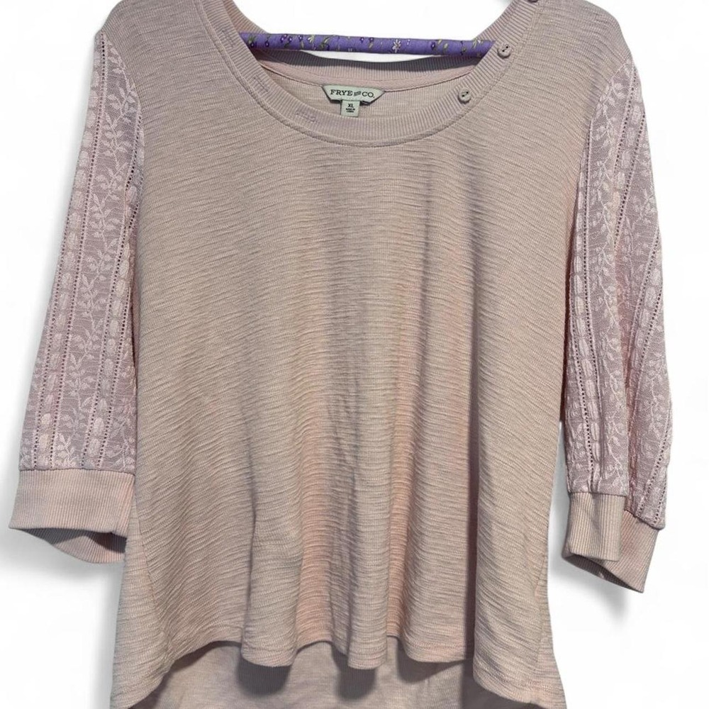 Frye and Co Pink Thermal Waffle Knit Lace Sleeve Blouse Top XL